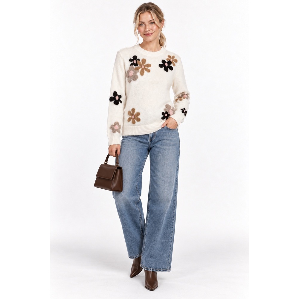Floral Sweater Medium Ivory Floral Crewneck Long Sleeve Pullover